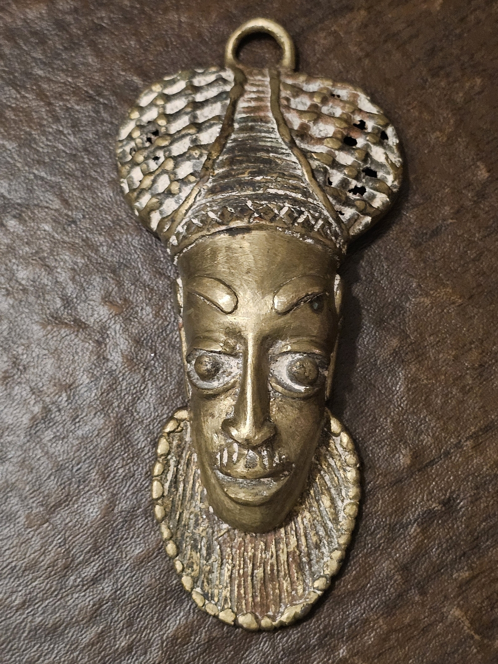 Vintage Cameroon Bamun Cast Brass Passport Mask Wall Pendant - 4.5 Inch